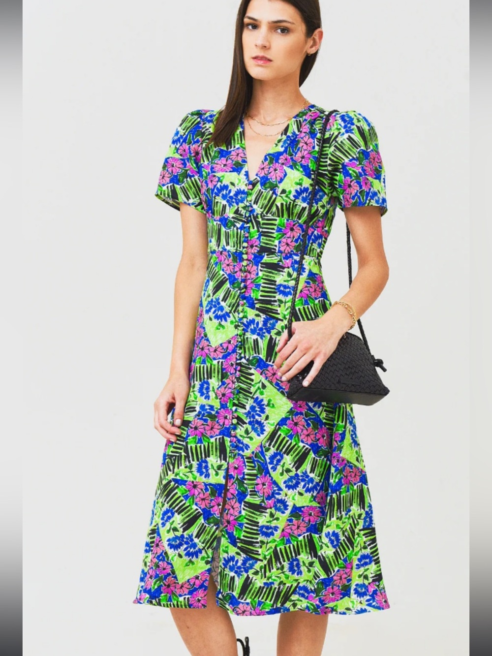 HUNTER BELL NYC Larson Printed V-Neck Midi Dress size 2 linen blend